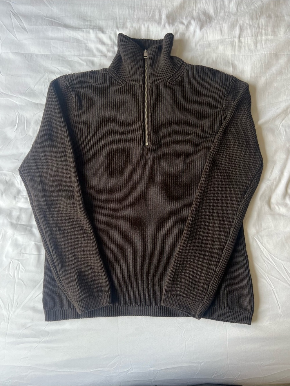 H&M Men's Zip-Up Ribbed Sweater in Dark Brown